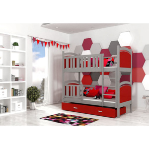 Dětská patrová postel DOBBY color + matrace + rošt ZDARMA, šedá/červená, 184x80