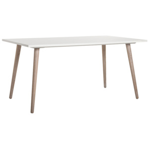 Jídelní stůl 160x90 cm v bílé matné barvě s dřevěnou podnoží v dekoru dub DO234