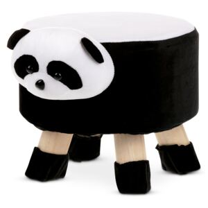 Taburet - panda, kombinace černé a bílé látky mikroplyš, masivní nohy z kaučukovníku v přírodním odstínu LA2008