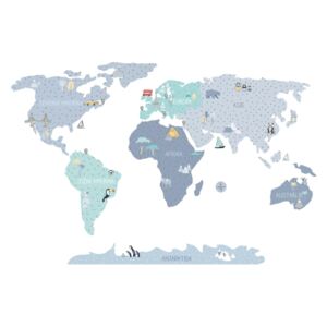 Pastelowe Love Samolepka na zeď Mapa světa Blue M