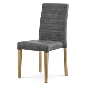 Jídelní židle - šedá látka v dekoru broušené kůže, kovová podnož, 3D dekor divoký dub