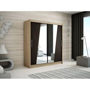 Krásná šatní skříň se zrcadlovýmí posuvnými dveřmi Elvíra 150 v barvě dub sonoma-wenge