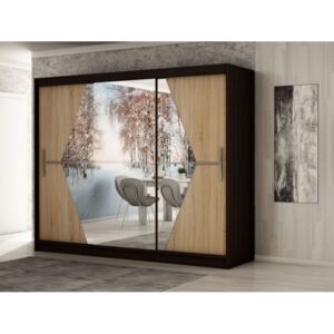 Velká šatní skříň s posuvnými dveřmi a zrcadly Samanta 250 v barvě wenge-dub sonoma