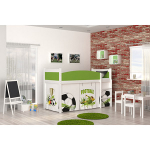 Dětská stanová postel SWING + matrace + rošt ZDARMA, 184x80, bílá/vzor FOTBAL/zelená