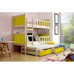 Dětská postel pro 3 děti Paris, přírodní/žlutá + MATRACE