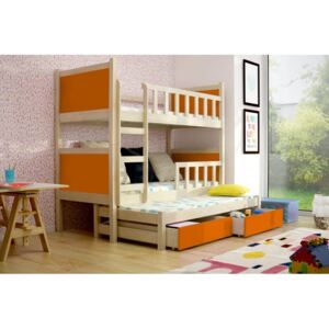 Dětská postel pro 3 děti Paris, přírodní/oranžová + MATRACE