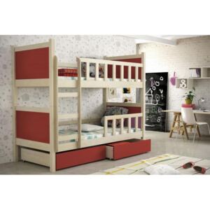 Dětská patrová postel Pastel, přírodní/červená + MATRACE