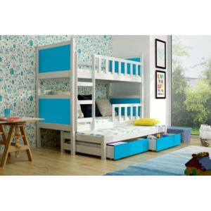 Dětská postel pro 3 děti Paris, bílá/modrá + MATRACE