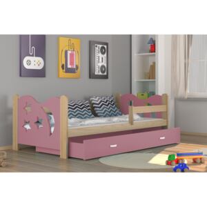 Dětská postel MIKOLAJ + matrace + rošt ZDARMA, 160x80, borovice/růžová