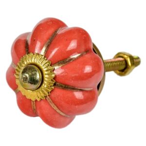 Malovaná porcelánová úchytka na šuplík, červená, tvar květu, zlaté paprsky 3,8cm