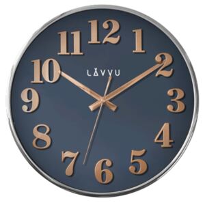 Modré hodiny LAVVU HOME White s dřevěným dekorem LCT1164 (hodiny v imitace dřeva)