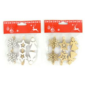 Vločka,hvězdička a andílek, vánoční dřevěná dekorace na kolíčku, 6 kusů v sáčku, cena za 1 sáček AC7135