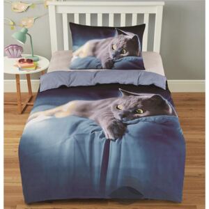 Bavlissimo Dvoudílné povlečení kočka 3 D šedá modrá 140x200 na jednu postel