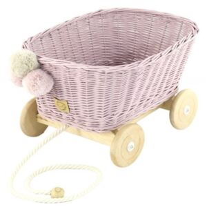 Prútený detský vozík na ťahanie - púdrovo ružový