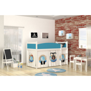 Dětská stanová postel SWING + matrace + rošt ZDARMA, 184x80, bílá/vzor PIRÁT/modrá
