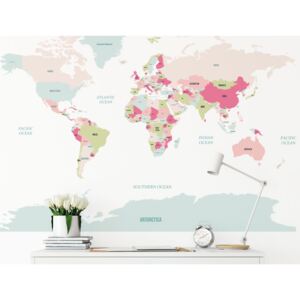 Mapa světa na zeď růžová - Samolepka na zeď