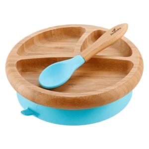 Dětský bambusový talíř s přísavkou a lžičkou | modrá - Avanchy