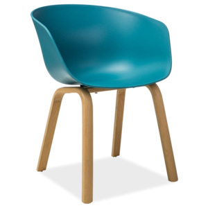 Jídelní plastová židle v modré barvě s kovovou konstrukcí v dekoru dub KN640
