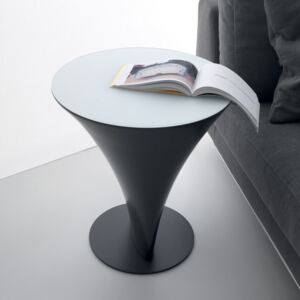 BOAT ROUND - kulatý konferenční stolek (Kulatý konferenční stolek - bílý, popelavě šedý nebo pískový - matný polyuretan. Horní deska - bílé, popelavě šedé nebo béžové bezpečnostní sklo. Základna - popelově šedý nebo pískový - matný lakovaný kov. )