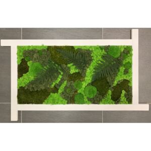 Mechový obraz 147*88*3 - sobí a kopečkový mech s rostlinami - dřevěný rám bílý
