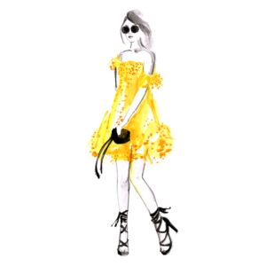 Ilustrace Fashion illustration yellow summer dress, Blursbyai