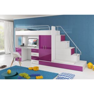 Dětská patrová postel RAJ 5, 80x200, univerzální orientace, bílá/fialová lesk