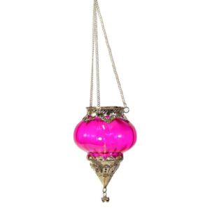 Závěsný skleněný svícen, růžový, kovové zdobení, 12x14cm