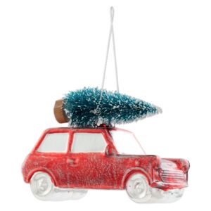 Vánoční skleněná ozdoba Auto se stromem - 10*5*7 cm