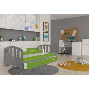 Dětská postel ŠTÍSTKO barevná + matrace + rošt ZDARMA, 160x80, šedá/zelená