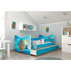 Pohádková dětská postel TOMÁŠ se zásuvkou + matrace + rošt ZDARMA, 140x70, modrá/VZOR 12