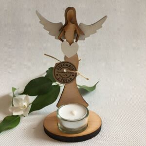 Anděl dřevěný 16 cm se svíčkou přírodní+bílá křídla