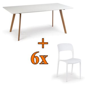 Jídelní stůl 180x90 + 6x plastová židle REFRESCO bílá