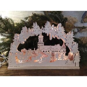 Adventní dřevěný svícen s osvětlením - Santa na saních a kostel L