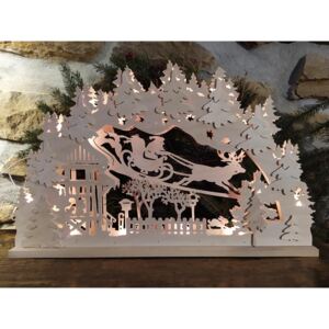 Adventní dřevěný svícen s osvětlením - Santa na saních projíždějící zasněženou krajinou P