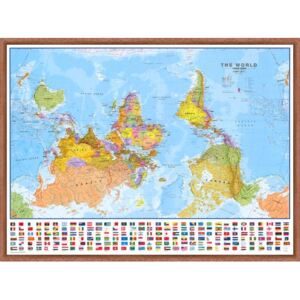 Politická nástěnná mapa světa Upside down 136 x 100 cm - dřevěný rám - tmavě hnědý