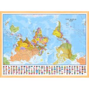 Politická nástěnná mapa světa Upside down 136 x 100 cm - dřevěný rám - světlý