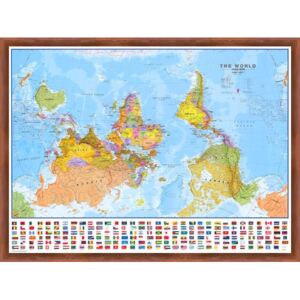 Politická nástěnná mapa světa Upside down 136 x 100 cm - dřevěný masivní rám - plochý