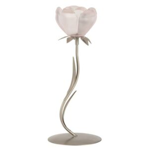 Kovový svícen na čajovou svíčku růžový se skleněnou miskou ve tvaru květiny - 11,5*11,5*29 cm