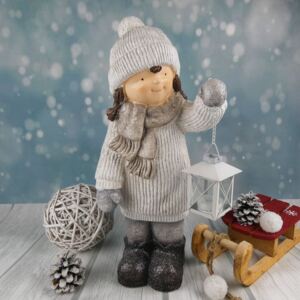 Zimní figurka dítěte- velká holka v bílém svetru s lucernou, 47 cm