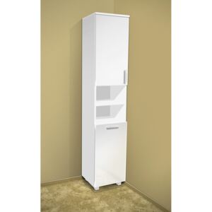 Nabytekmorava Vysoká koupelnová skříňka s košem K17 barva skříňky: bílá 113, barva dvířek: bílý lesk