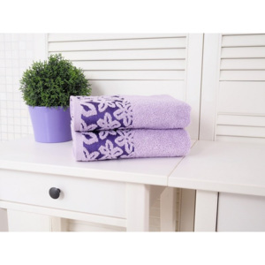 2x bavlněný froté ručník s květinovou bordurou fialová 50x90