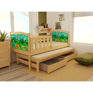 Dřevěná dětská postel s barevným motivem, zábranou a přistýlkou DPV005