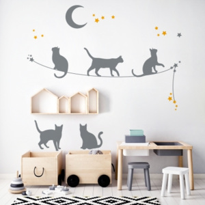Elisdesign Nástěnná samolepka - stínové obrázky - kočky na laně barva kočky: šedá, barva doplňky: lila