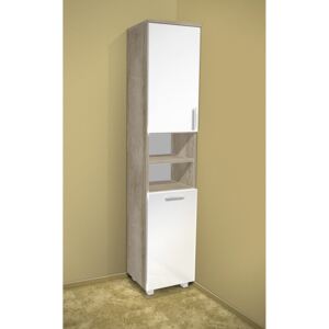 Nabytekmorava Vysoká koupelnová skříňka s košem K17 barva skříňky: dub stříbrný, barva dvířek: bílý lesk