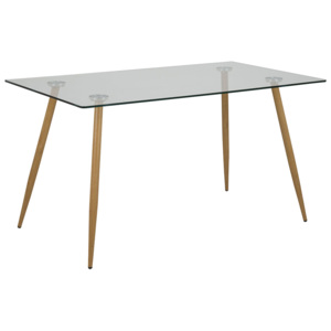 Skleněný jídelní stůl 140x80 cm s kovovou podnoží dubového vzhledu DO182