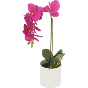 Orchidea v betonovém květnáči, barva tmavě růžová. Květina umělá