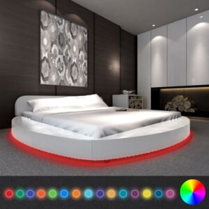Bílá kulatá postel koženka, LED pás + matrace 180 x 200cm
