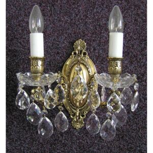 2 Arms Cast brass wall light with hand blown bobeches & Crystal almonds