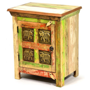 Noční stolek z antik teakového dřeva zdobený reliefy slonů, 46x35x61cm