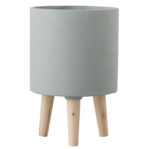 Šedý cementový květináč na dřevěných nožkách - Ø19,5*30 cm